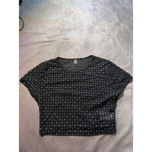 Loness Black Mesh Glitter Diamond Grid Crop Top Short Sleeve Silver Sparkle L